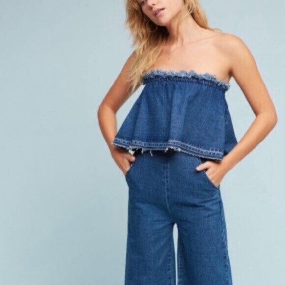 Anthropologie | Women's Blue Hei Hei Denim Strapless Romper Size Medium - Picture 2 of 15